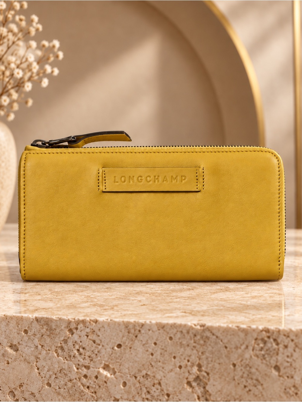 Longchamp Mustard Yellow Zip Around Leather Wallet NWT
